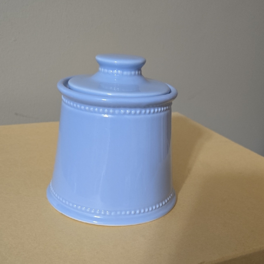 Martha Stewart Everyday Light Blue Beaded Ceramic Jar w/ Lid 5 x 4.5 Inches